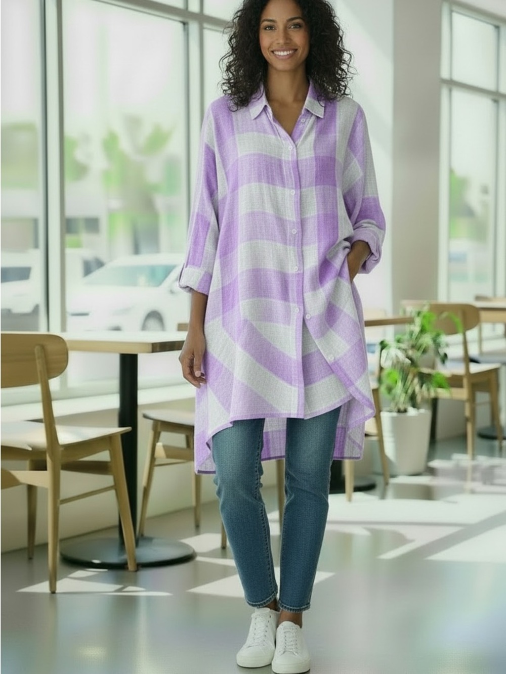 Westbound Lavender and White Striped Longline Tunic Shirt